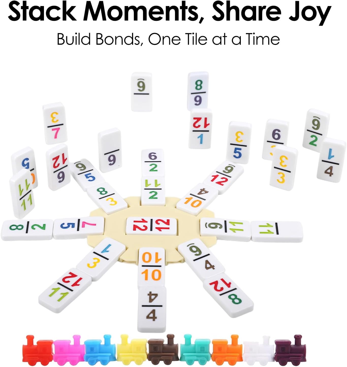 Mexican Train Dominoes Set Double 12 Colored Number Dominos with 8 Wooden Racks & 91 Tiles Portable Travel Case Classic Family Board Game Cognitive Strategy Game for Adults Kids