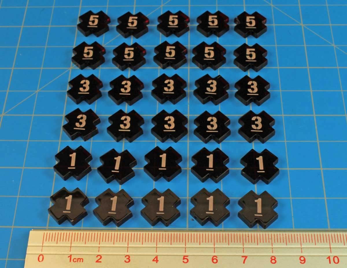 LITKO Wound Token Set Numbered 1, 3, and 5, Compatible with Warhammer: Kill Team 2nd Edition, Translucent Red (30)