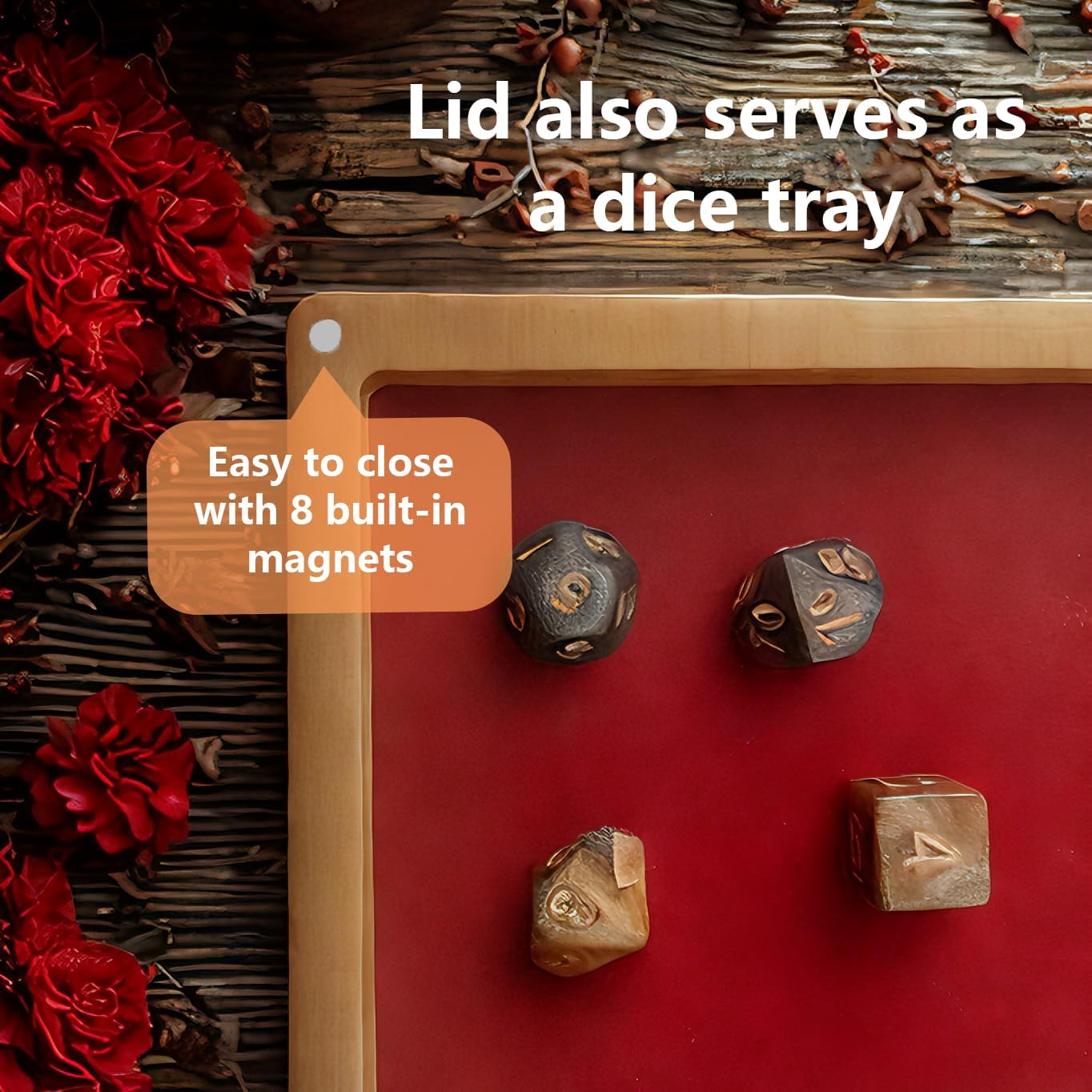 Bamboo Dice Box DND Dice Case 2 in 1 Dice Tray and Storage 7.5 x 7.5 Inch DND Dice Holder Dice Vault with Magnetic Lid Dice Rolling Tray Combined into One for RPG