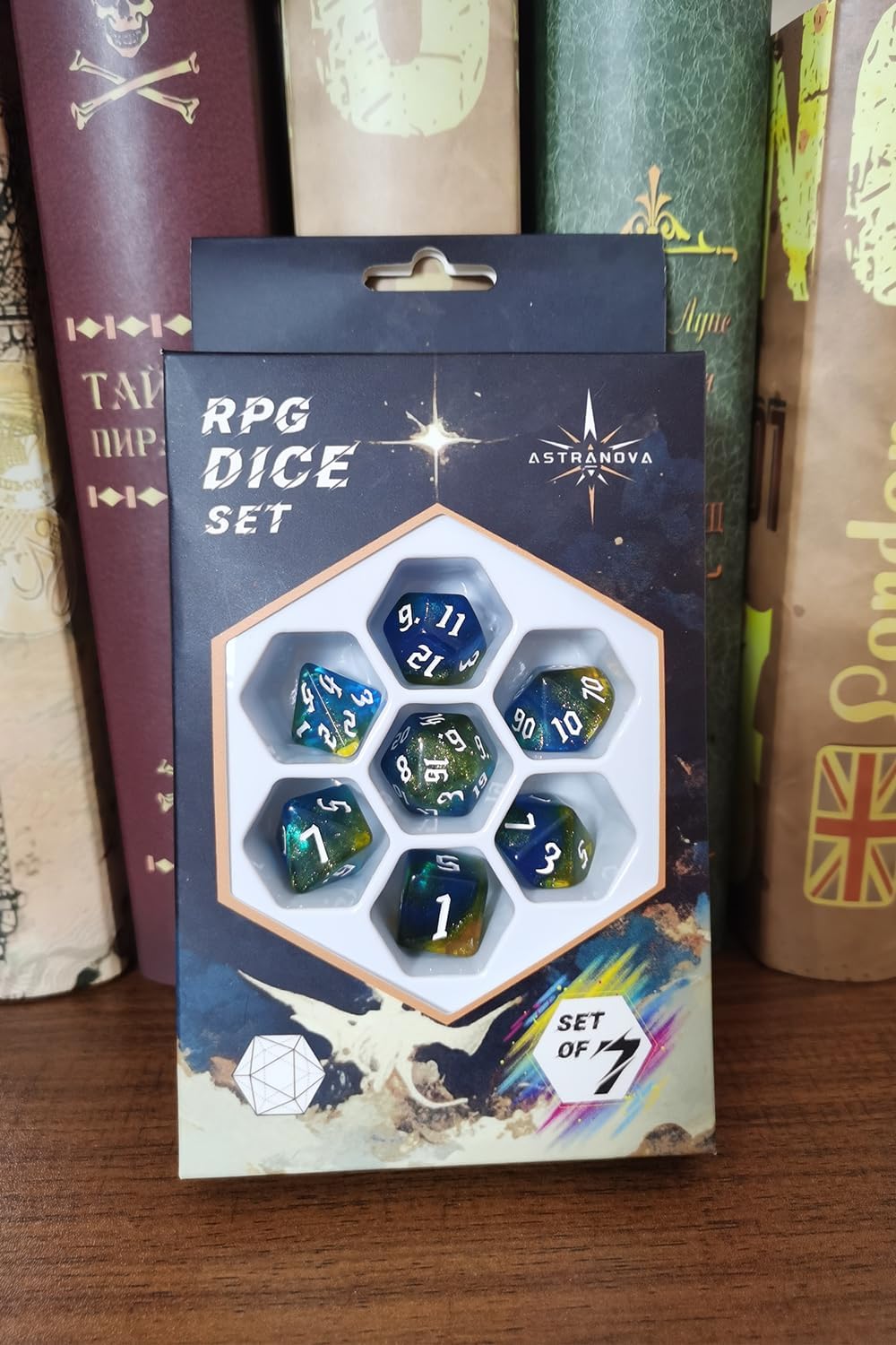 DND RPG Dice Set, Nebula Polyhedral Dice for Dungeons and Dragons, Mystery 7-Piece Set (Blue Gold)