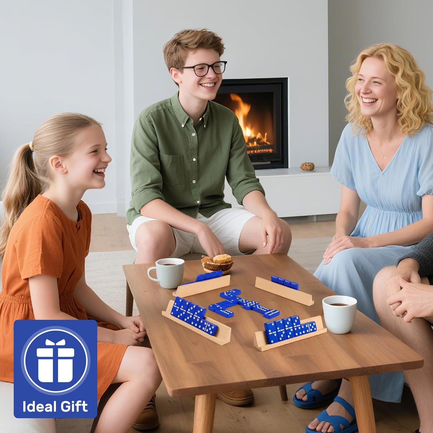 Dominoes Set for Adults with 4 Wooden Racks/Trays, Double Six Travel Portable Case 6 Tiles Holders, 28 Dominos Family Board Games - Blue