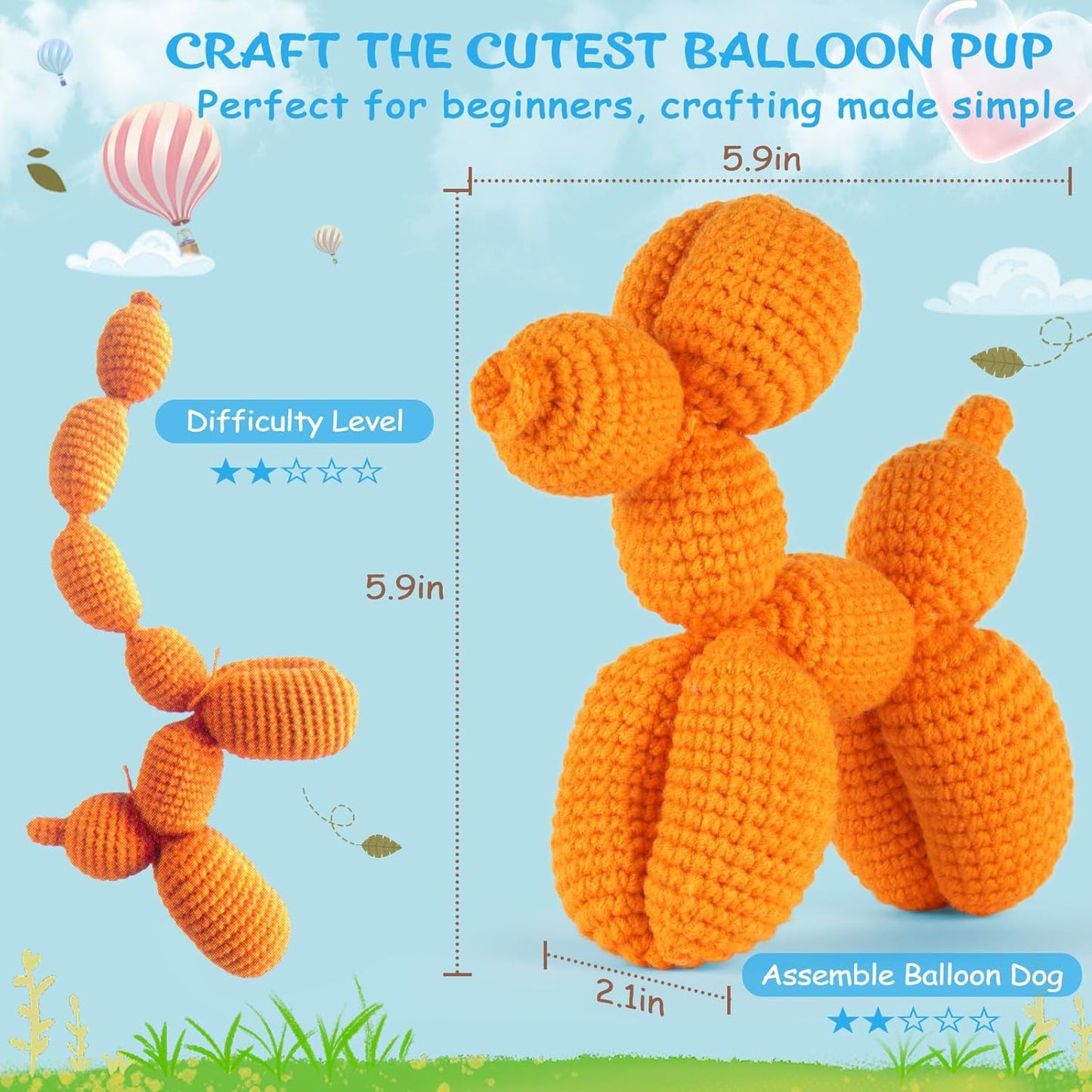 Crochetta Crochet Kit for Beginners, Crochet Kit w Step-by-Step Video Tutorials, Crochet Starter Kit Learn to Crochet Kits for Adults Kids Beginners, Vibrant Orange Balloon Dog (40%+ Yarn Content)