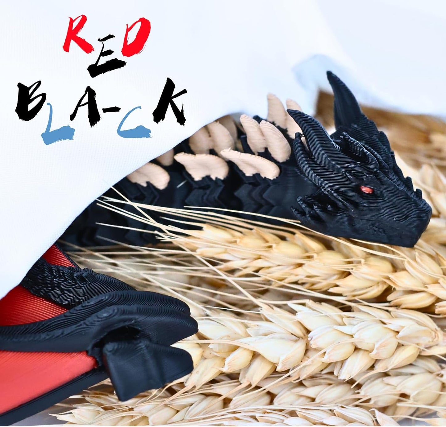 3D Printed Dragon - 12 inch Flying Flexible Dragon with Wings, Home Decor, Birthday Gift, Desk Pet(Red Black-Dragon)(Red Gold-Dragon)