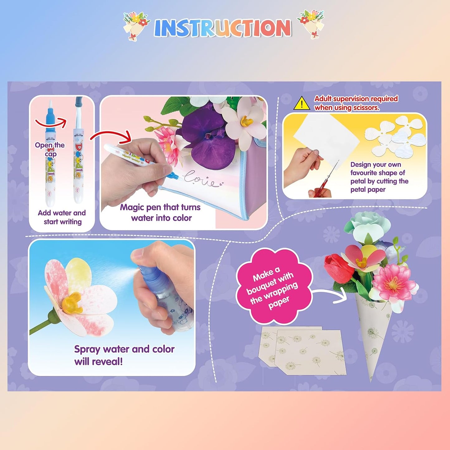 kenvc DIY Flower Bouquets Toys, Fabric Flower Market Toy is for Kids Best Gifts for Girls Boys Ages 5 6 7 8 9 10 to Craft Your Own Master Piece of Color Changing Flowers Kit