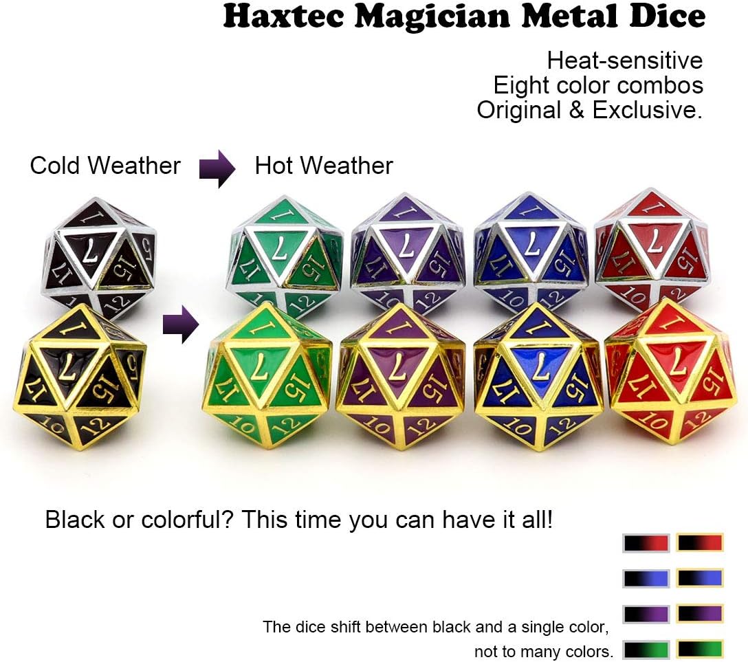 Haxtec Heat Sensitive Metal DND Dice Set Color Changing Metal Dice Temperature Polyhedral D&D Dice Compatible with Dungeons and Dragons RPG-Silver Black Blue Shift