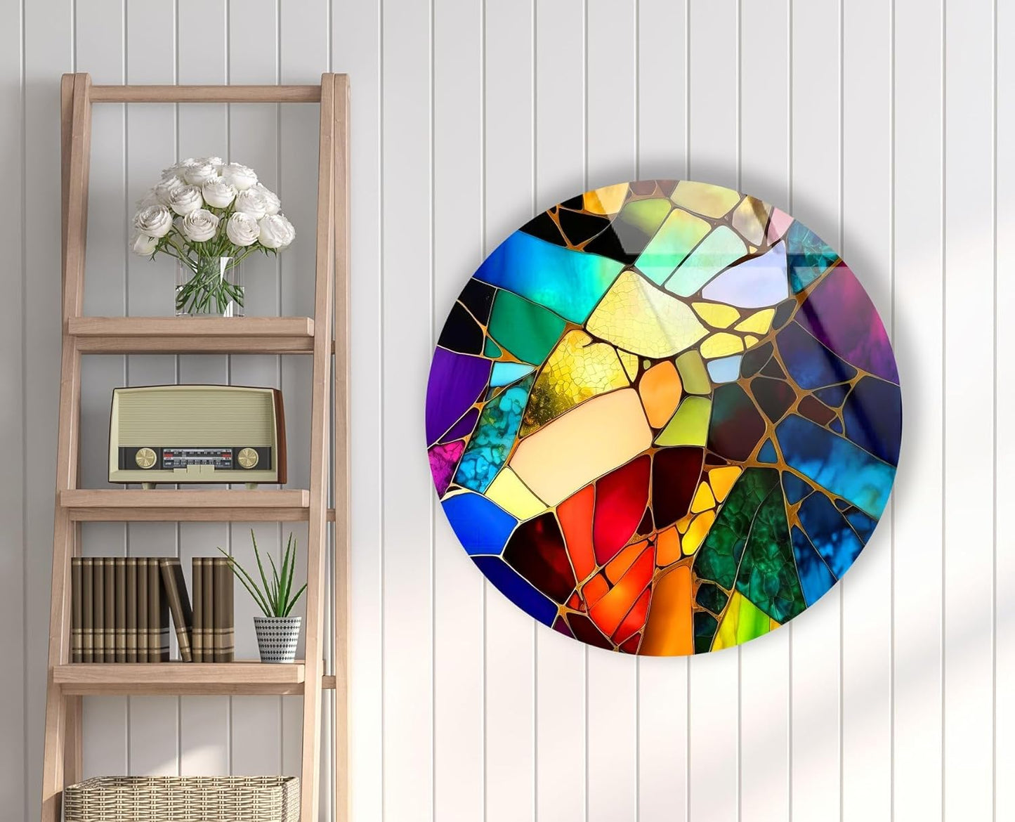 My Photostation.com 15.8''(40cm) Diameter Multicolor Round Stained Glass Wall Art Vibrant Mosaic Abstract Panel Tempered Glass Printing Wall Decor Large Wall Art Wall Hangings