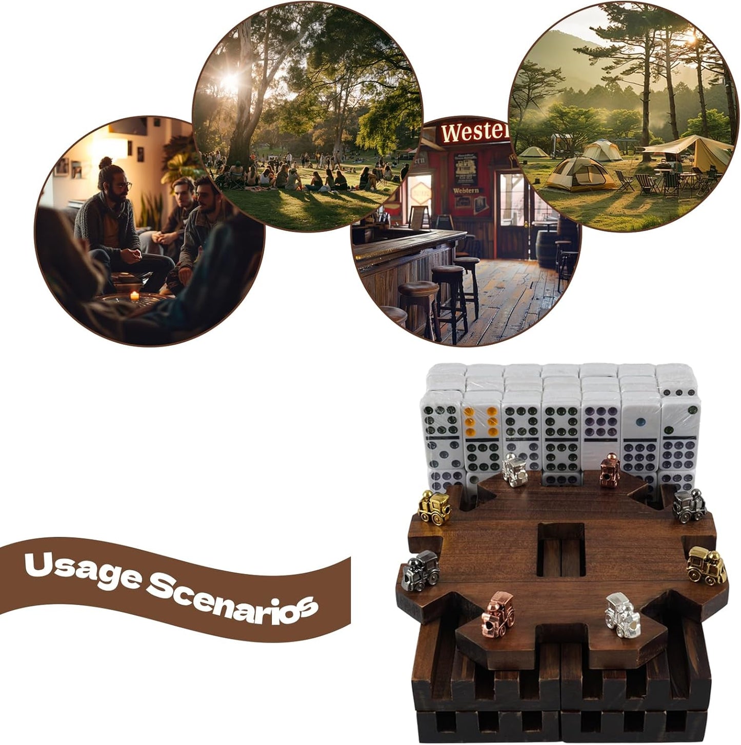 Mexican Train Dominoes Set with Wooden Hub, 91 Domino Tile Board Games Includes Metal Train Markers Color Dot Double Twelve Set with 4 Woodentile Rack for Family Game Night(Burnt Color)