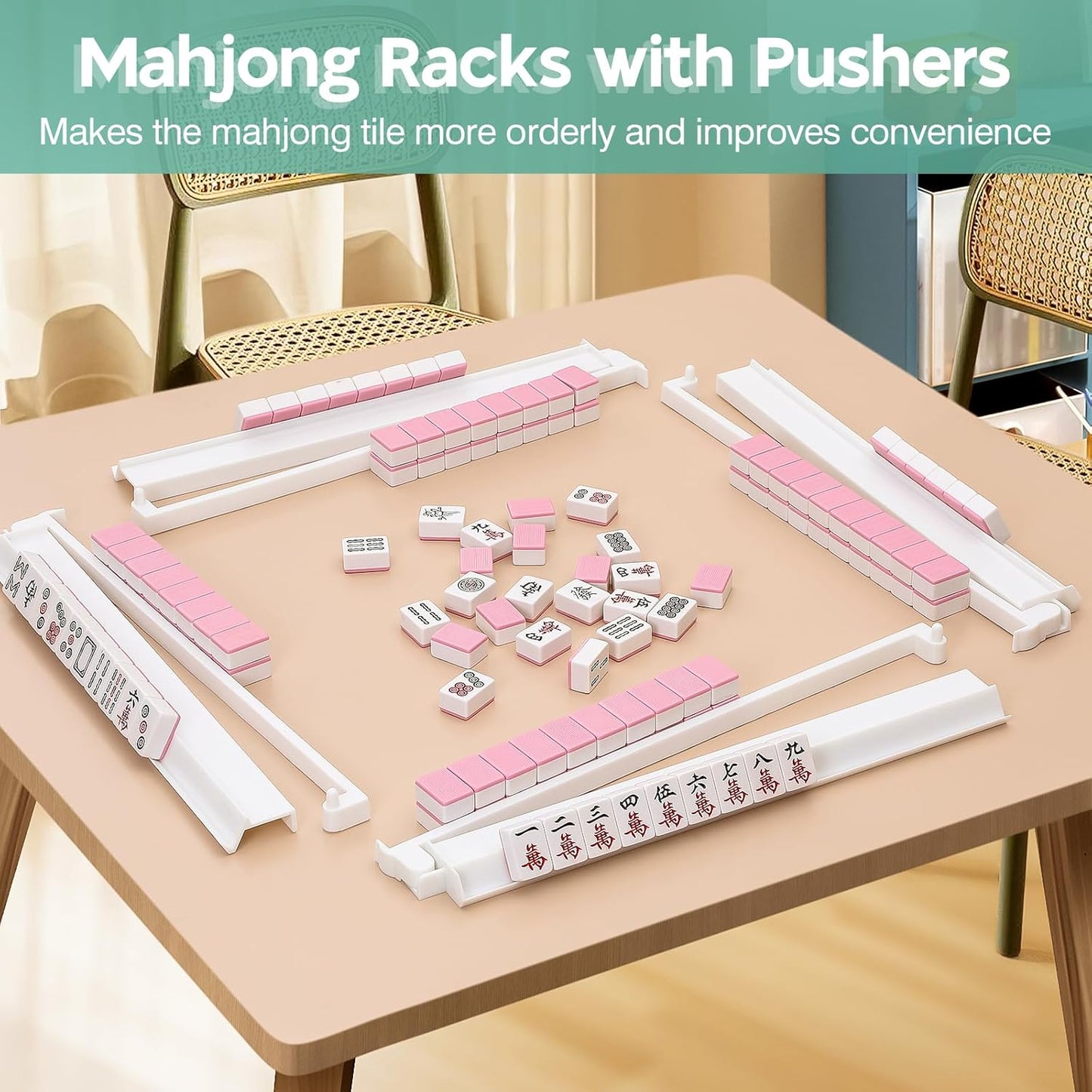 Mahjong Racks with Pushers Set of 4, Mahjong Tile Pushers and Racks, Acrylic Majiang Tile Holders Accessories (White)