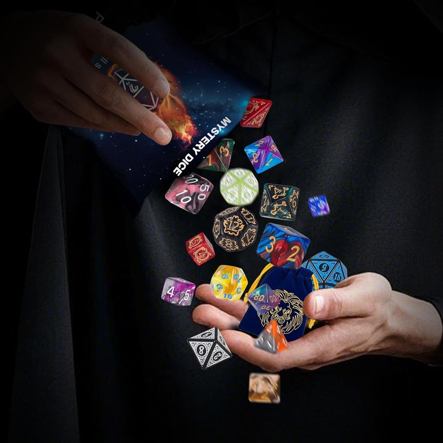 QMAY Polyhedral Dice - 8PCS Mystery Dice Set, Various Styles, Random D&D Dice Patterns & Dice Bag, DND Gifts, Suitable for Dungeons and Dragons, RPG, MTG,Role Playing Table Game