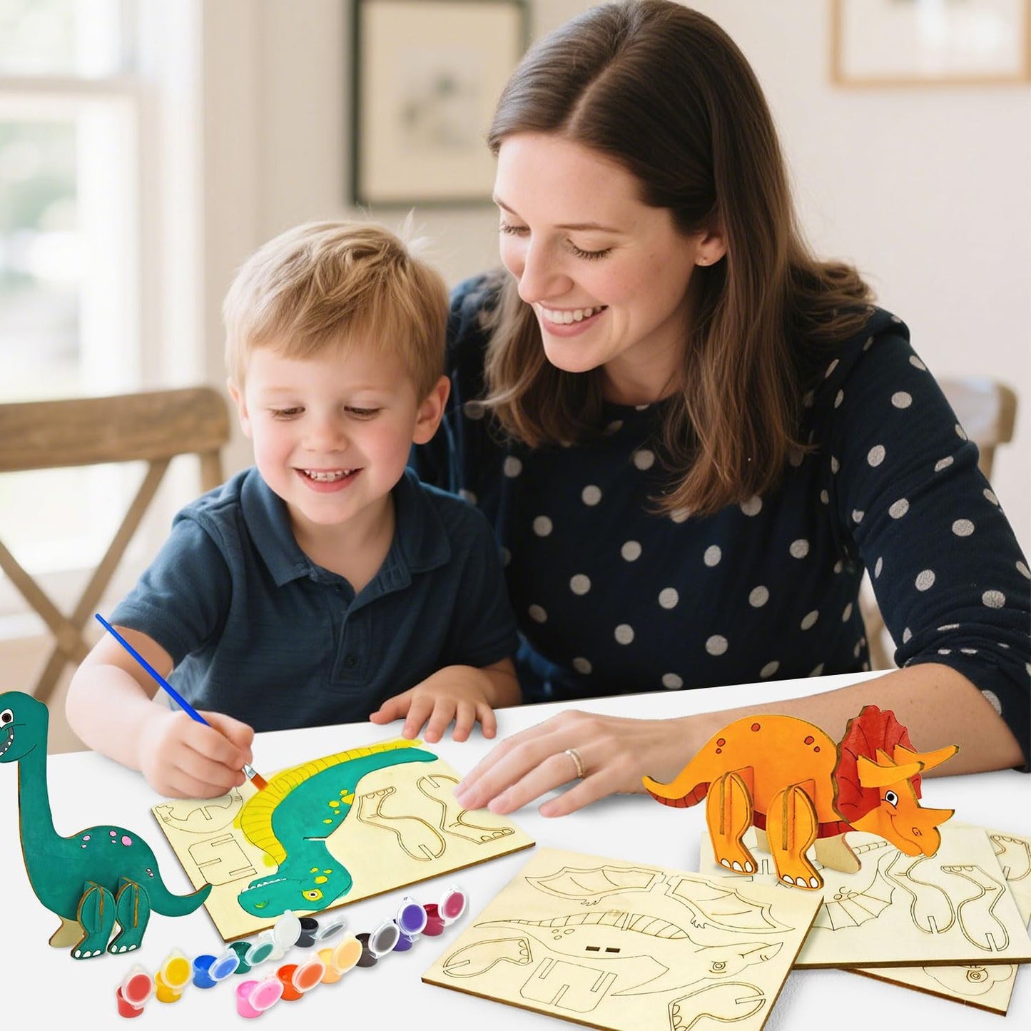 Vileafy Wooden Dinosaur Crafts for Kids Ages 4-8, 3D DIY Painting Kit with 6 Dinosaurs, Brushes & Paint -Arts and Crafts - Preschool Activity and Gift for Boys and Girls