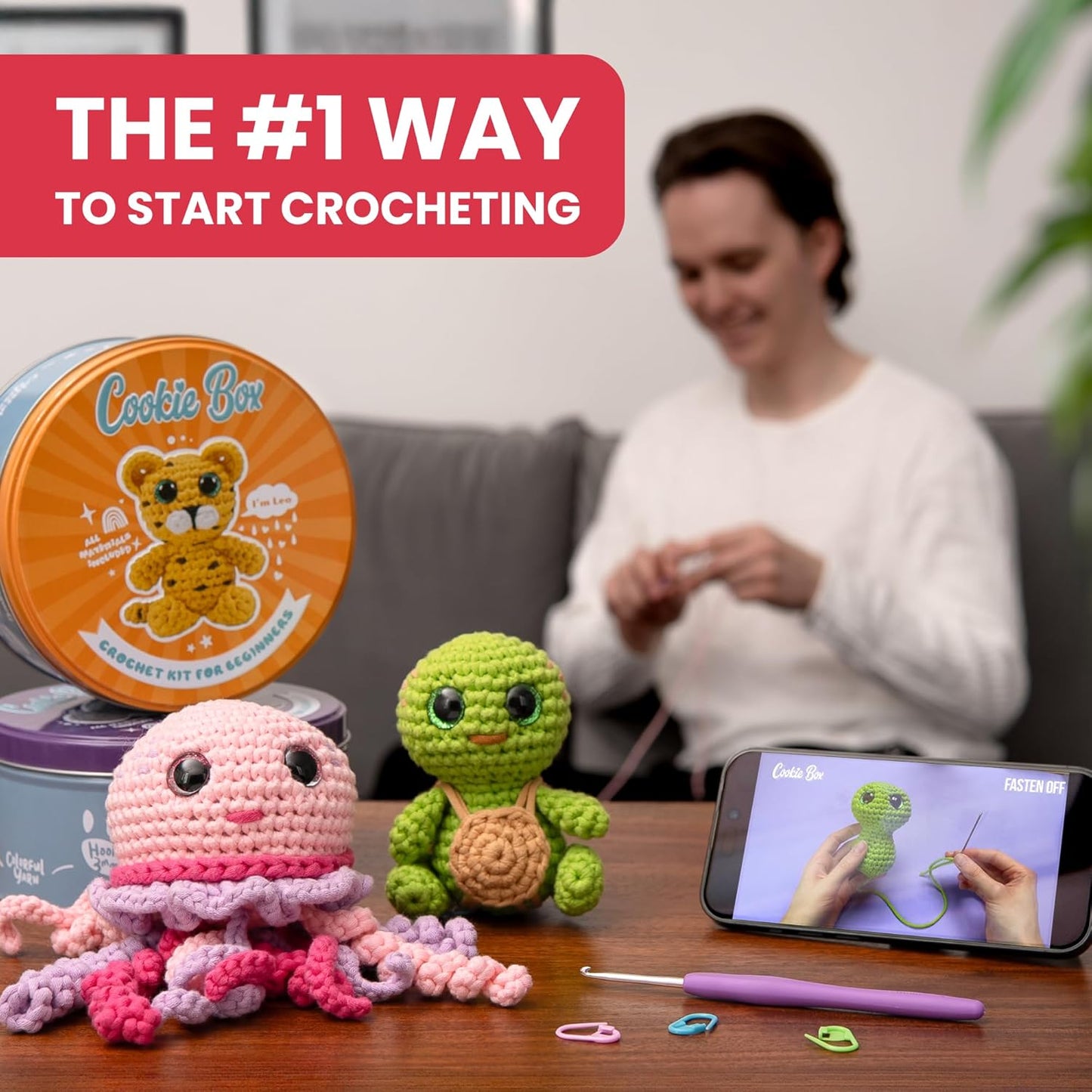 Cookie Box Crochet Kit for Beginners β Gift Set to Make Bear Charlie Amigurumi Plushie β Easy DIY Crochet & Knitting Starter Kit with Video and PDF Tutorials