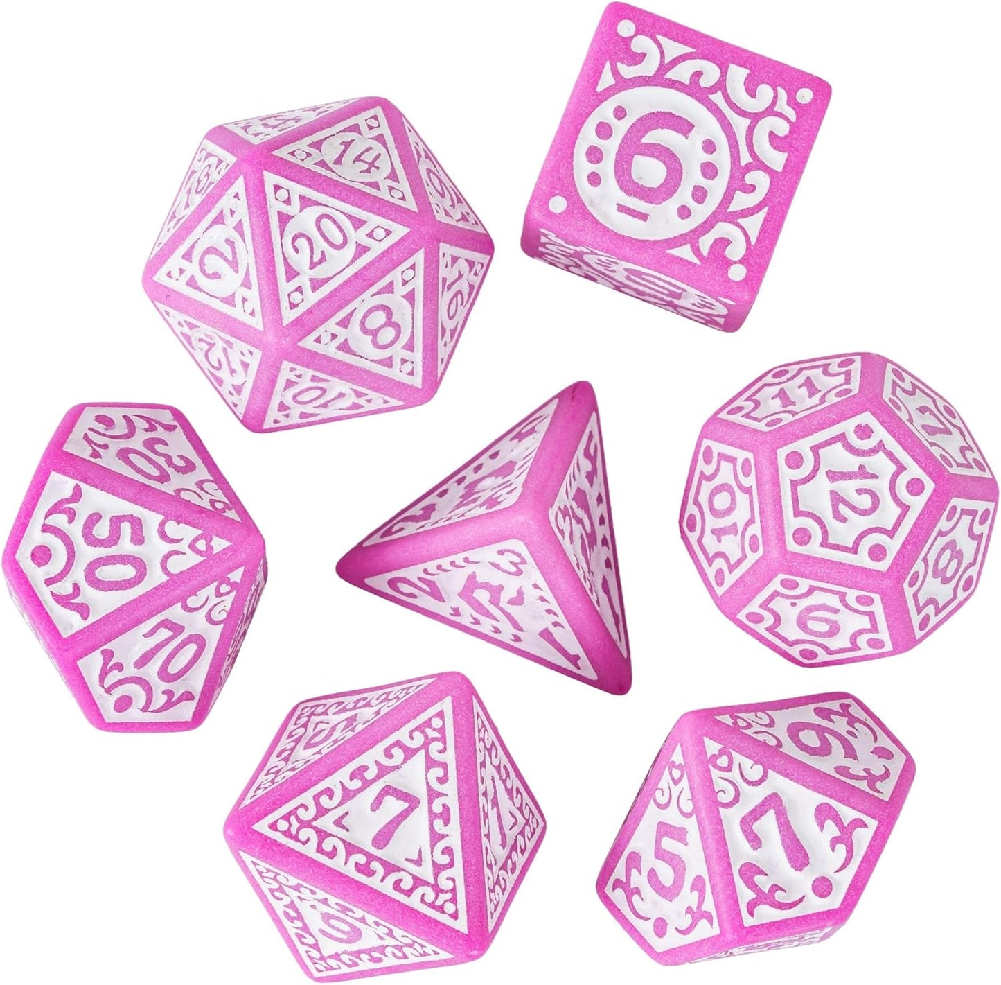 7-Die DND Dice Set New Pattern Polyhedral Dice Set with Leather Bag D&D Die for RPG Table Games(Pink White)