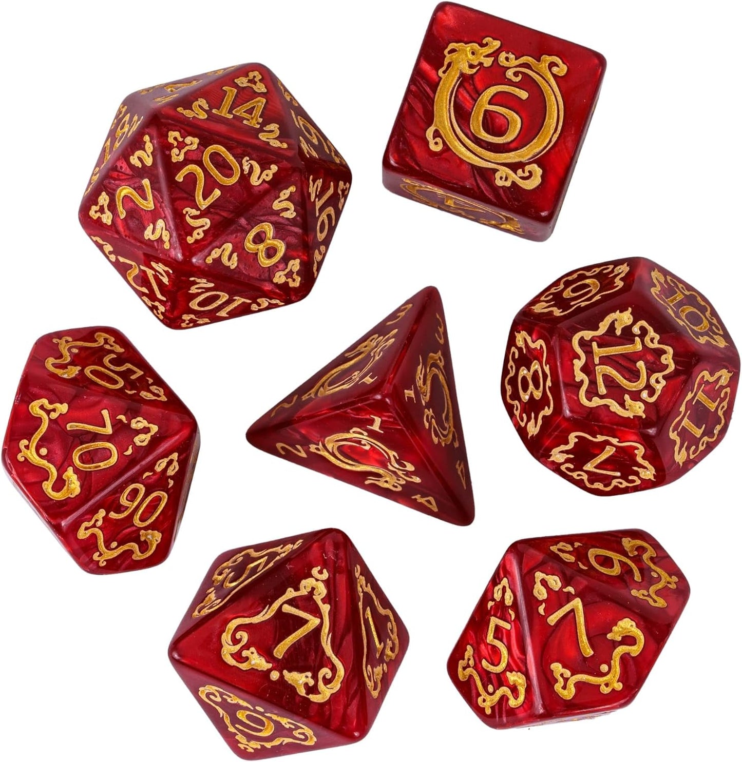 7-Die DND Dice Set Dragon Pattern Polyhedral Die with Leather Bag D&D Dice Set for RPG Table Games (Red W/Gold Dragon Pattern)