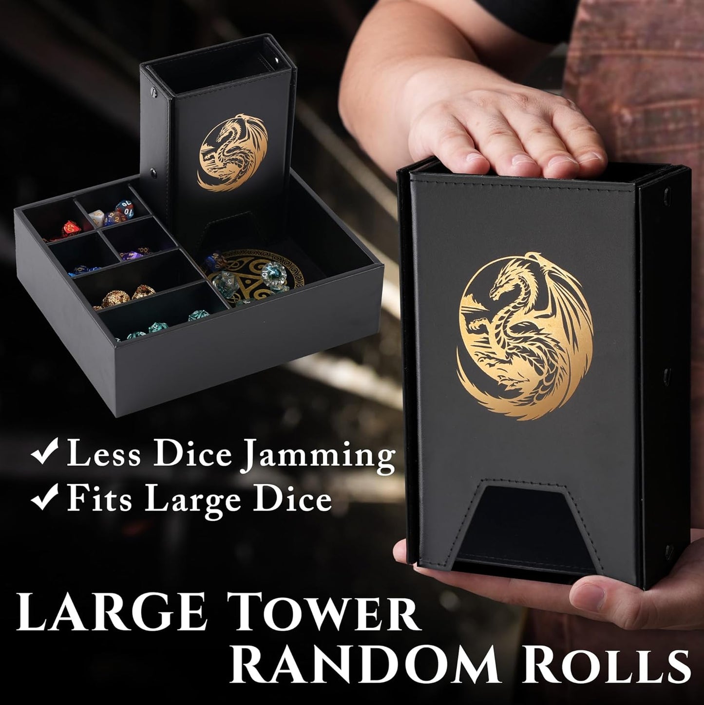Dice Tray and Dice Tower for DND: All-in-One Tray, Storage & Large Tower for Random Rolls - Stores Your Sets, Mini's etc, Perfect for D&D and RPG Gift Accessories (Gold Dragon)