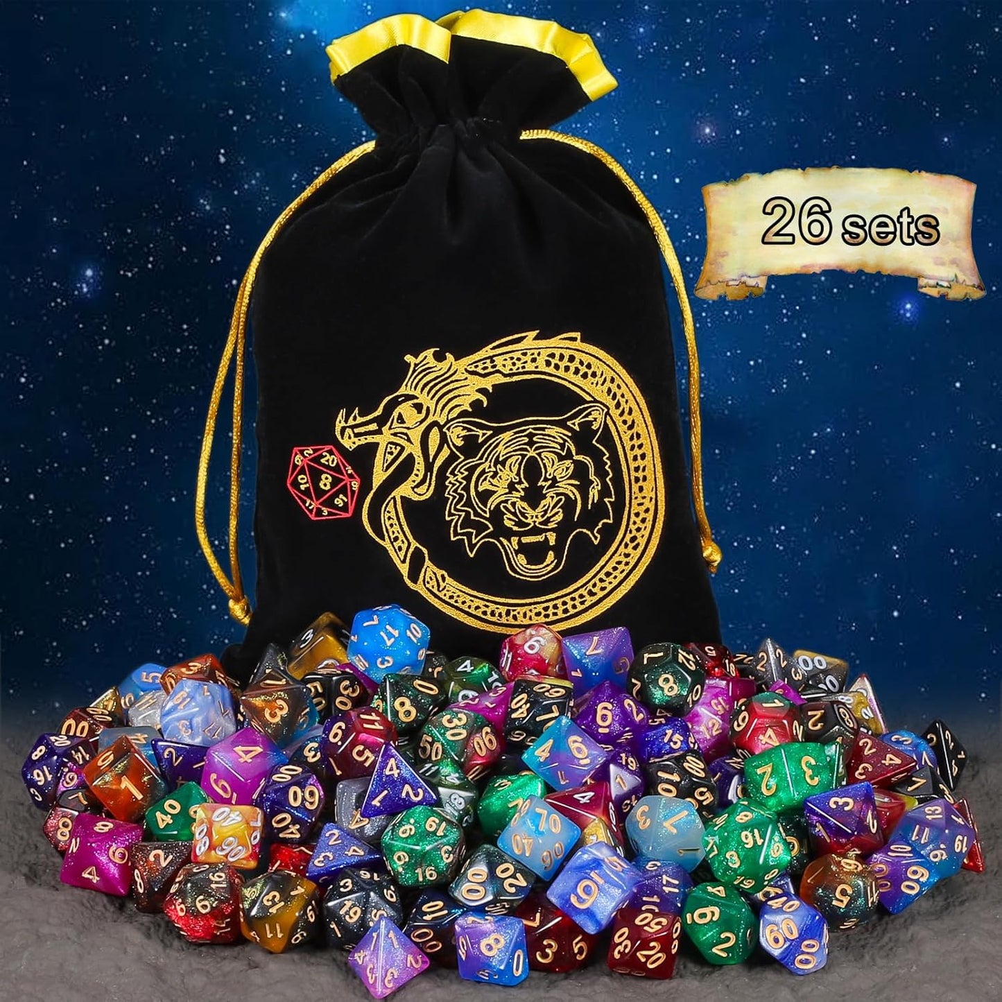 CiaraQ DND Dice Sets - 26 X 7 Polyhedral Dice (182pcs) with a Large Drawstring Bag for Dungeons and Dragons, Role Playing Table Game. Multiple Colors, Glitter Swirl Design with Gold Numbers.