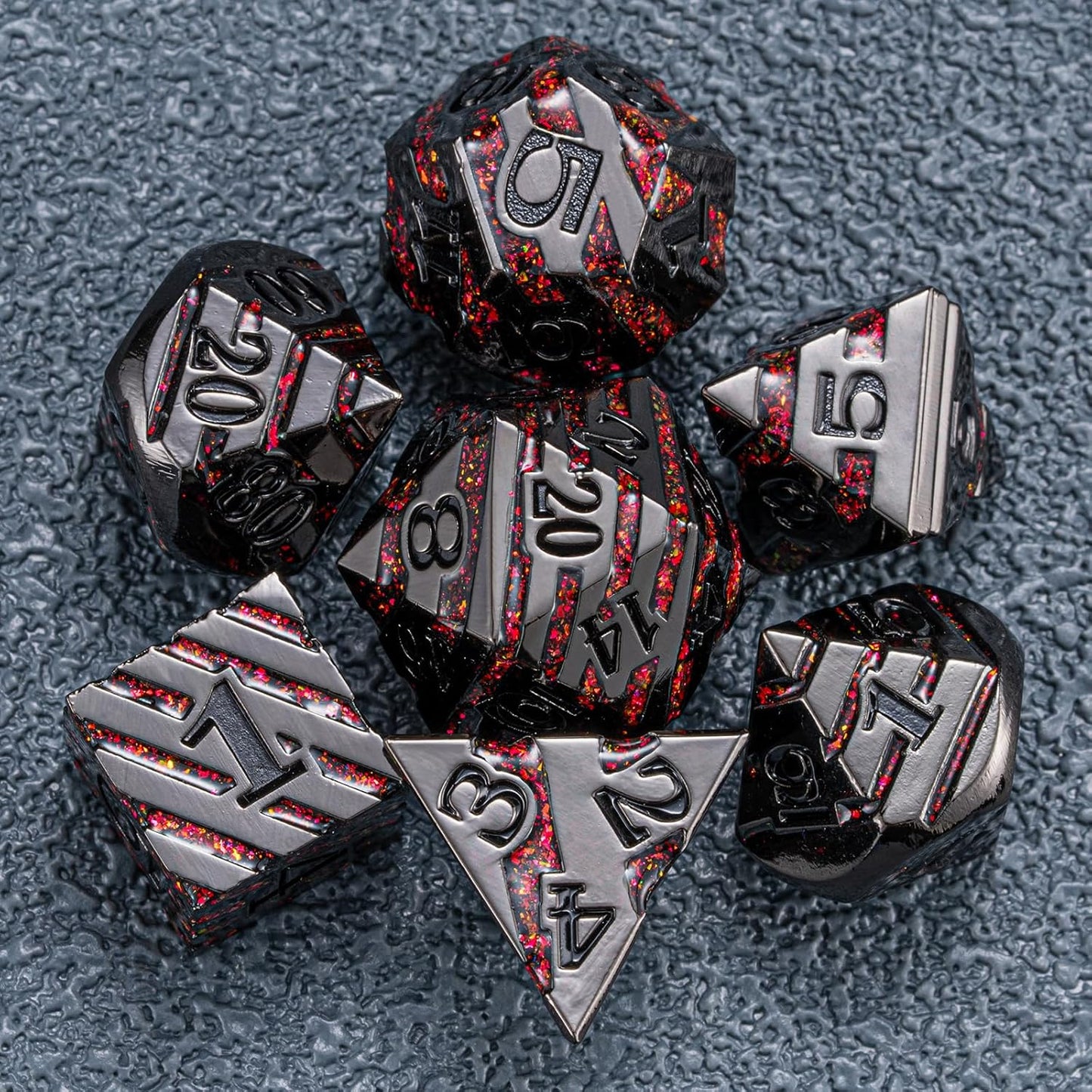 Metal Dice Set DND,Metallic Glitter Stripes D&D Dice Set,7 PCS Polyhedral Dice Set with Gift Case for Dungeons and Dragons Tabletop Game(Black Nickel Red)