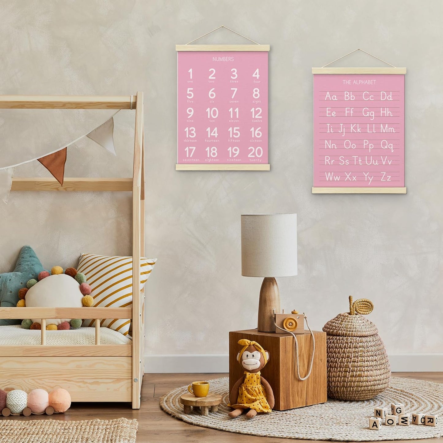 BONETAT Numbers alphabet poster for Nursery Toddlers,Correct Letter Formation on Line Paper, Play Room Wall Decor,ABC Wall Chart,Preschool Homeschool Decor Kids Wall Decor,Wooden Alphabet Banner-A08