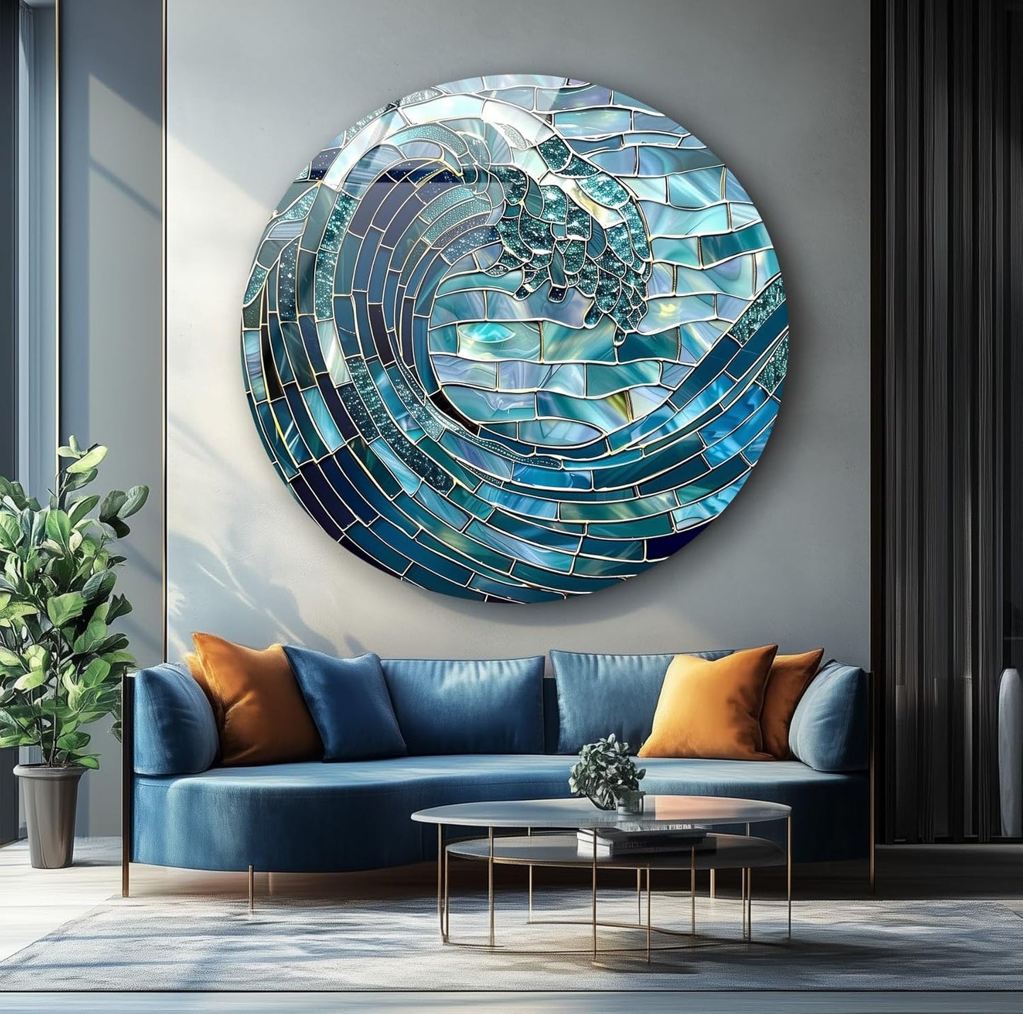 My Photostation.com 39,4''(100cm) Diameter Ocean Wave in Blue Mosaic Round Glass Wall Art Tempered Glass Printing Wall Decor Large Wall Art Wall Hangings