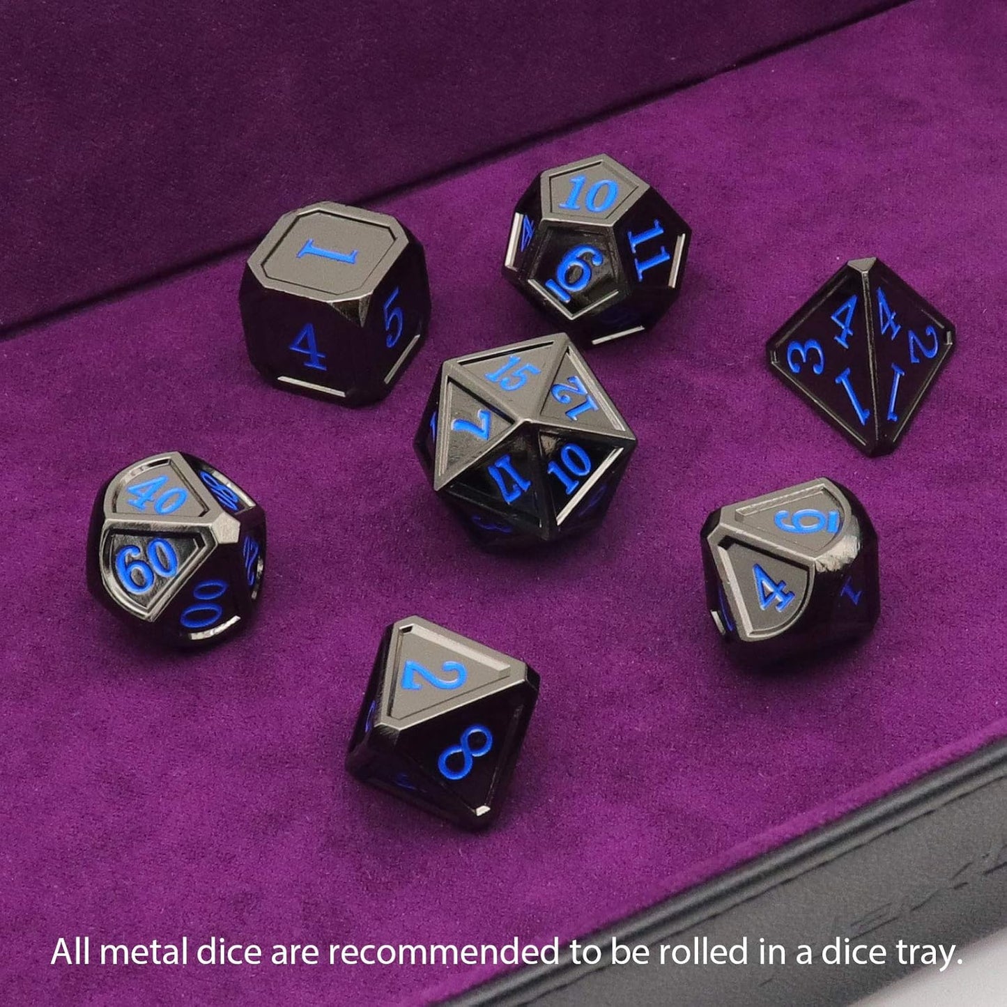 Haxtec Black Metal DND Dice Set D&D W/Gift Metal Case Polyhedral Dice Compatible with Dungeons and Dragons TTRPG-Black Blue Numbers