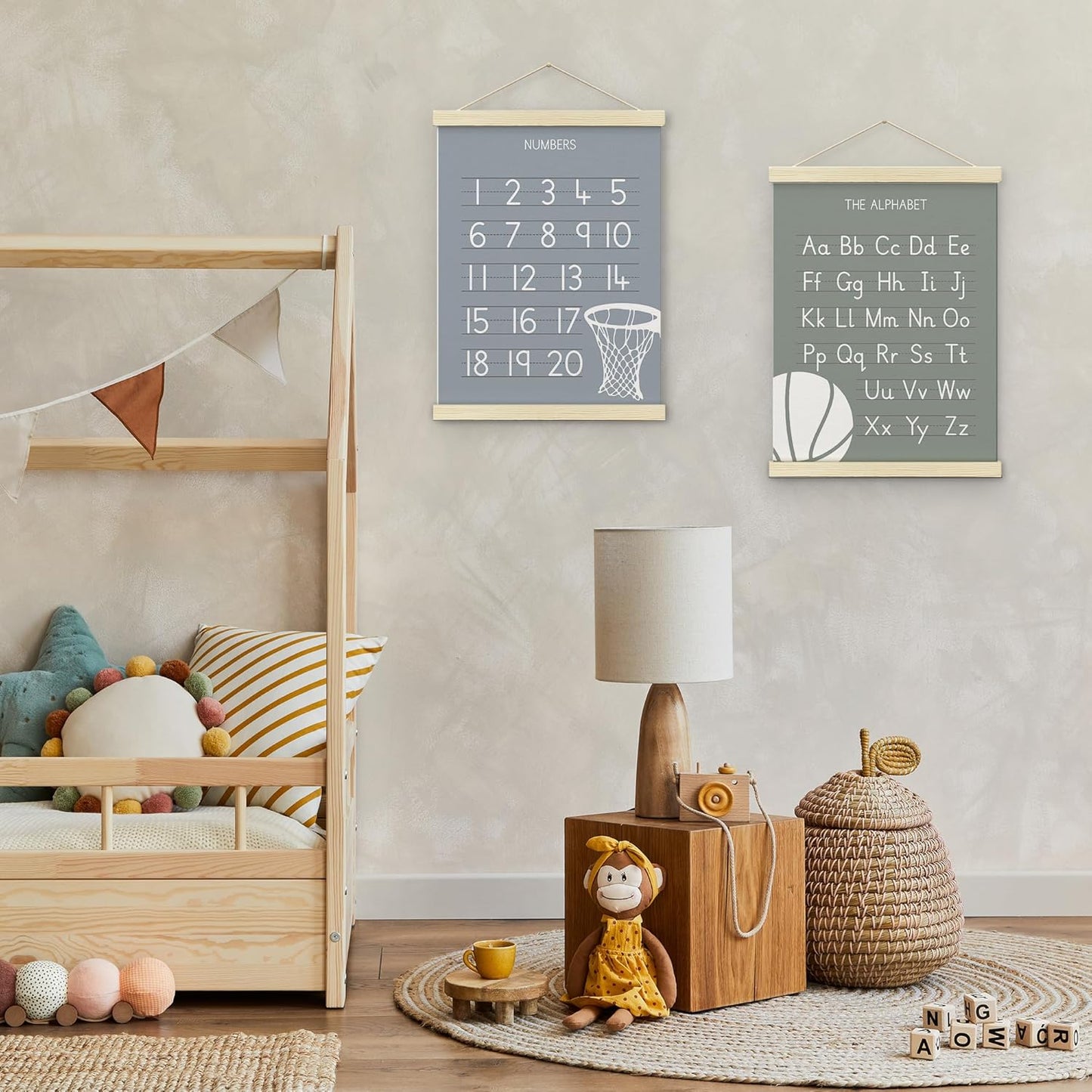 BONETAT Numbers alphabet poster for Nursery Toddlers,Correct Letter Formation on Line Paper, Play Room Wall Decor,ABC Wall Chart,Preschool Homeschool Decor Kids Wall Decor,Wooden Alphabet Banner-A10