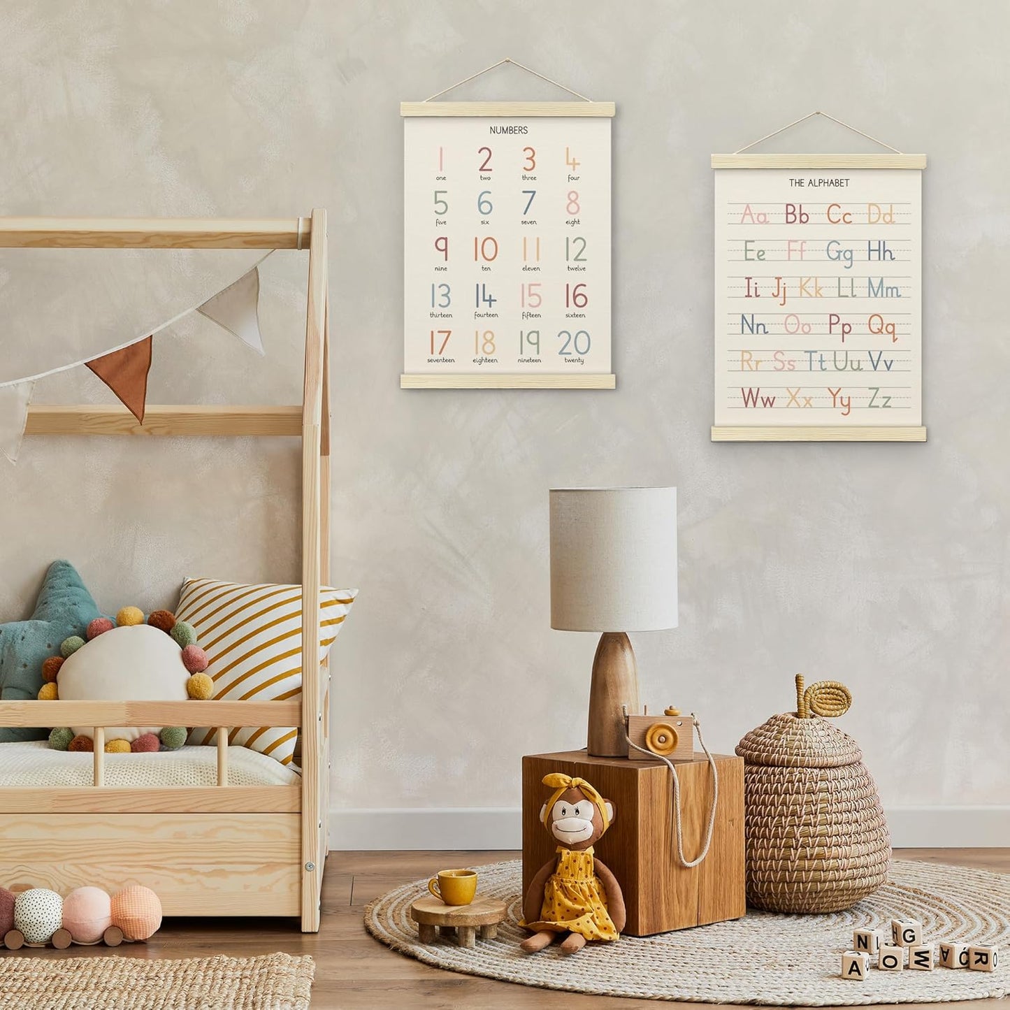 BONETAT Numbers alphabet poster for Nursery Toddlers, Play Room Wall Decor, ABC Wall Chart, Wall Hanging Decor for Toddler Playroom Decor Kids Wall Decor, Wooden Frame Alphabet Banner-A12