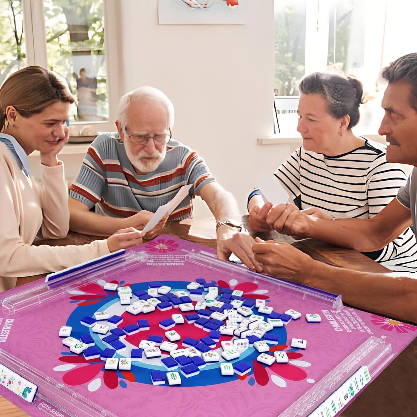 American Mahjong Set with 160 Acrylic White Tiles and 4 Transparent Holders/Pushers, Portable American Style Mahjong Game with Carrying Bag, Classic Board Games for Family Night