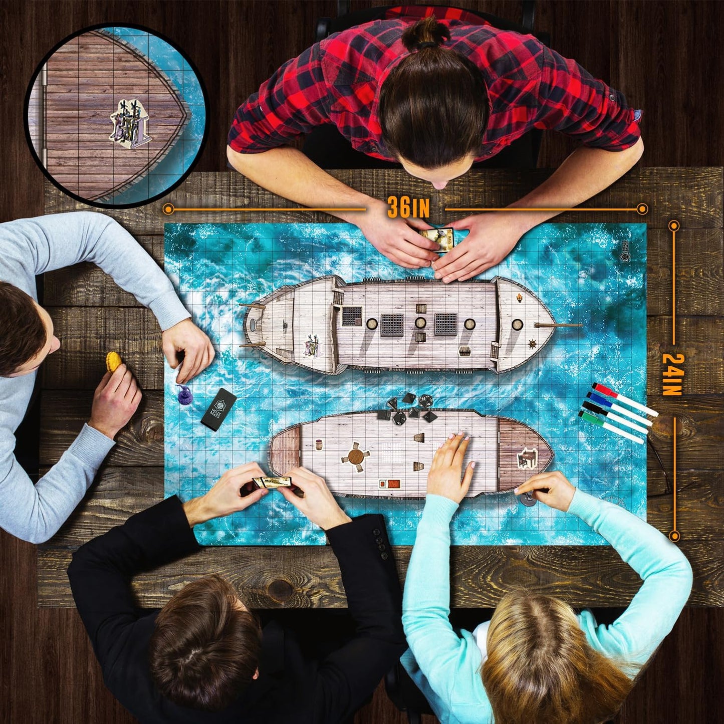 Melee Mats DND Map Starter Kit - 24” x 36" 2 Pack Double Sided, Wet/Dry Erase Battle Terrain Grid - Ultimate Tabletop Board Gaming Experience with Accessories