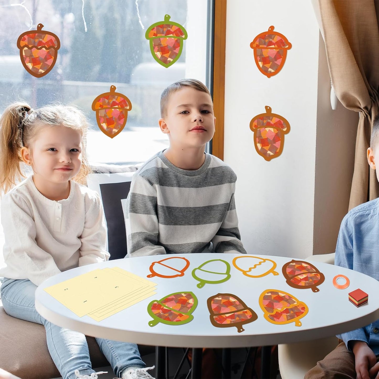 Renbuzhu 40PCS Fall Crafts Bulk: Acorn Paper Suncatchers DIY Kit for Autumn Thanksgiving Activities Decorations, Window Stained Glass Effect Art Supplies