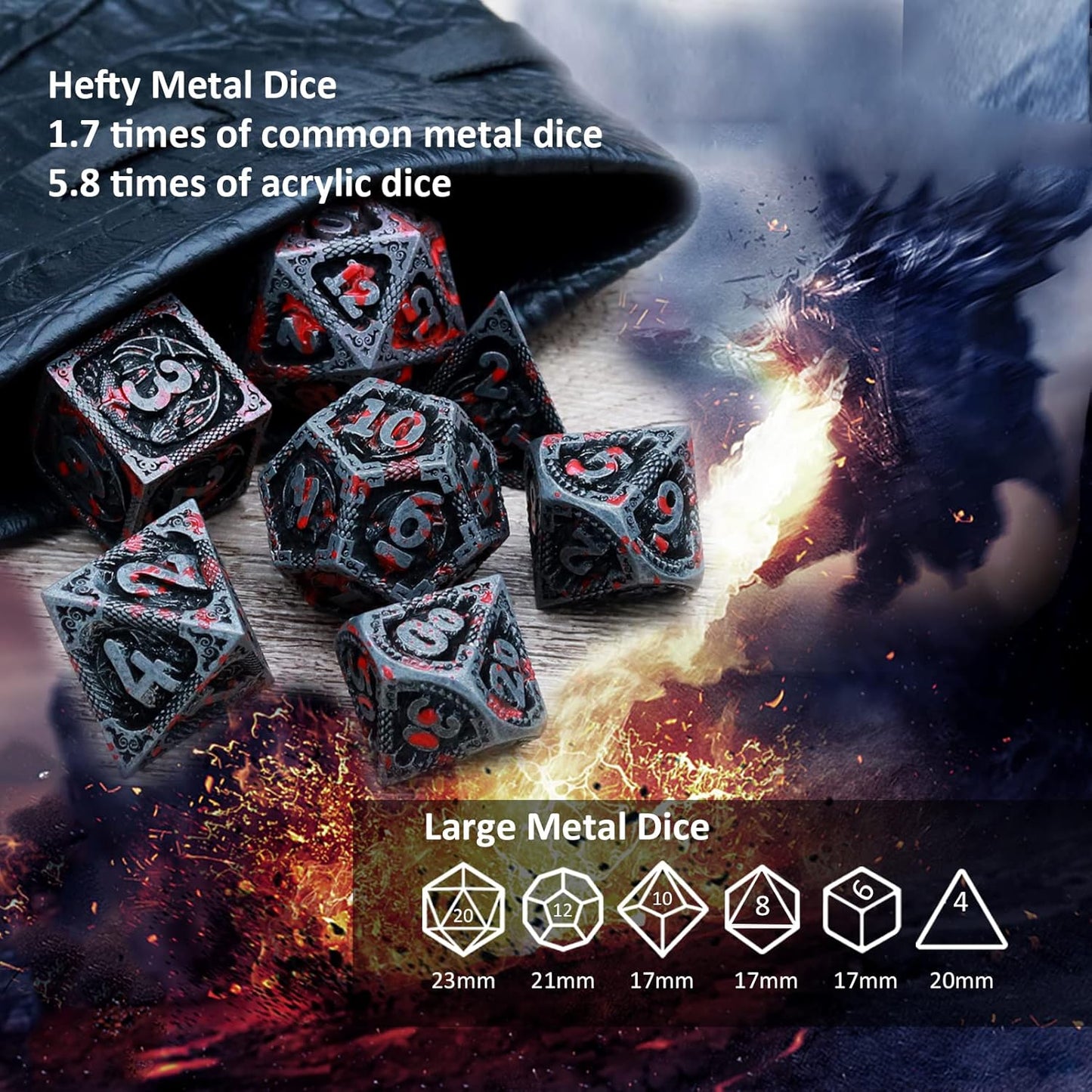 Haxtec Bloodstained Metal DND Dice Set Antique Iron Blood D&D Dice Set Dragon Scale with Leather Dice Bag Bloodsplattered Metal Polyhedral Dice Compatible with Dungeons and Dragons TTRPG Gifts