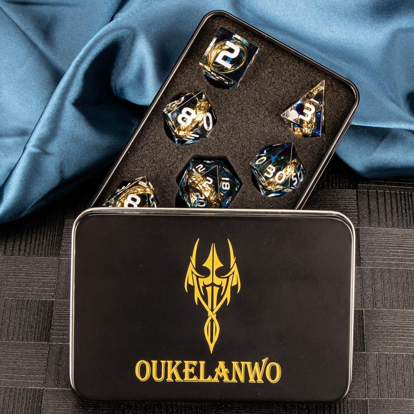 OUKELANWO Magic Lord Rings DND Dice Set with Box, 7Pcs Resin LOTR D&D Dice Set for Role Playing Game, Blue Dungeons Dragons D and D Sharp Edge Dice D20 D12 D10 D8 D6 D4