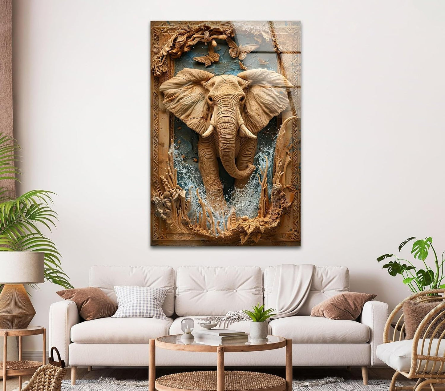 My Photostation.com Round 24'' Elephant Carving Glass Wall Art Tempered Glass Printing Wall Decor Large Wall Art Wall Hangings
