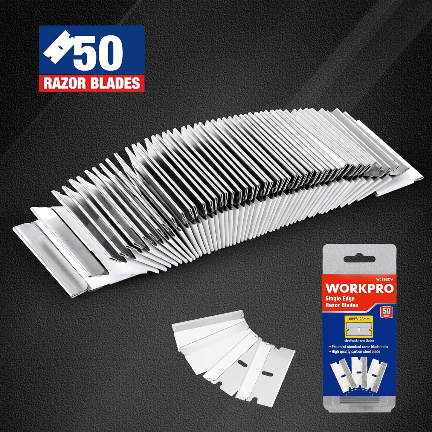 WORKPRO 50-Pack Single Razor Edge Blades, Industrial Scraper Razor Blades, High Carbon Steel One Edge Razor Blades