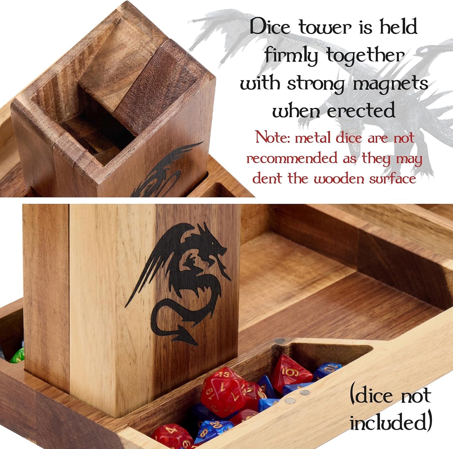 Wooden Magnetic Dice Tower with Tray - Dungeons and Dragons Accessory - Portable Dice Roller for Tabletop RPG - DND Gifts
