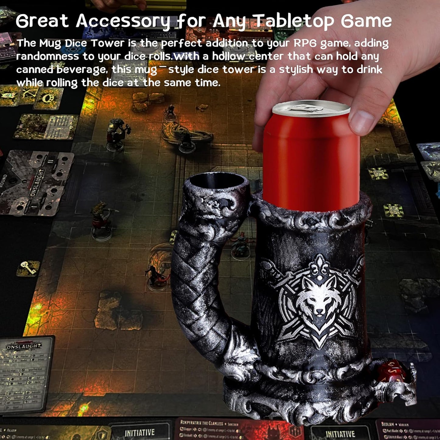 Mug Dice Tower - Dice Rolling Tower,(7PCS D20 Dice Set Included) for DND Gift and Dungeons and Dragon, Tabletop Games, Drink Holder, Tavern Style Board Game Roller (Black)