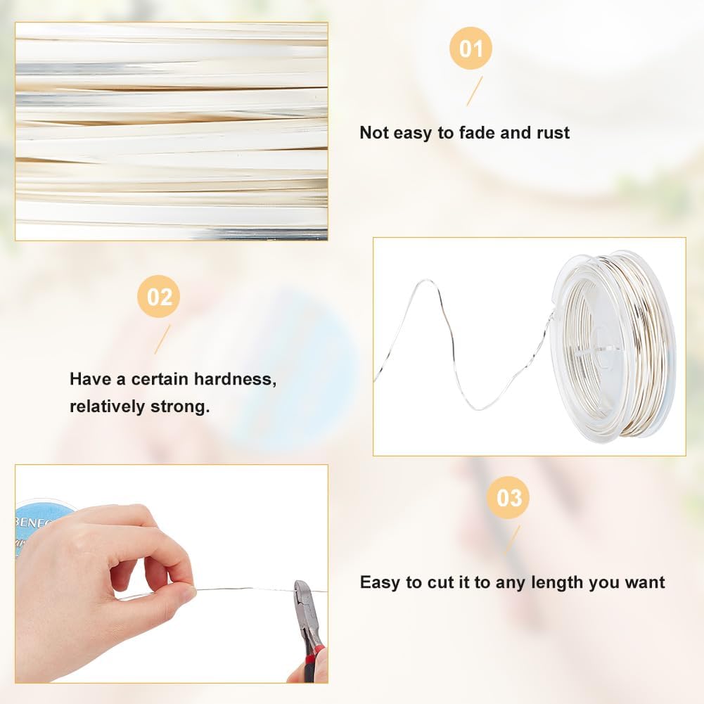 BENECREAT 33 Feet 21Gague Square Copper Wire, Silver Craft Copper Wire Tarnish Resistant Jewelry Wire for Jewelry, Hobby Craft Making, Floral, Decorations