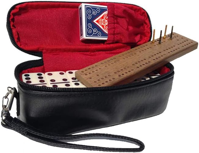 Alex Cramer The Perfect Traveler Classic Domino Set with Leather-Look Travel Case and a Deck of Miniature Playing Cards (Dominoes Set)
