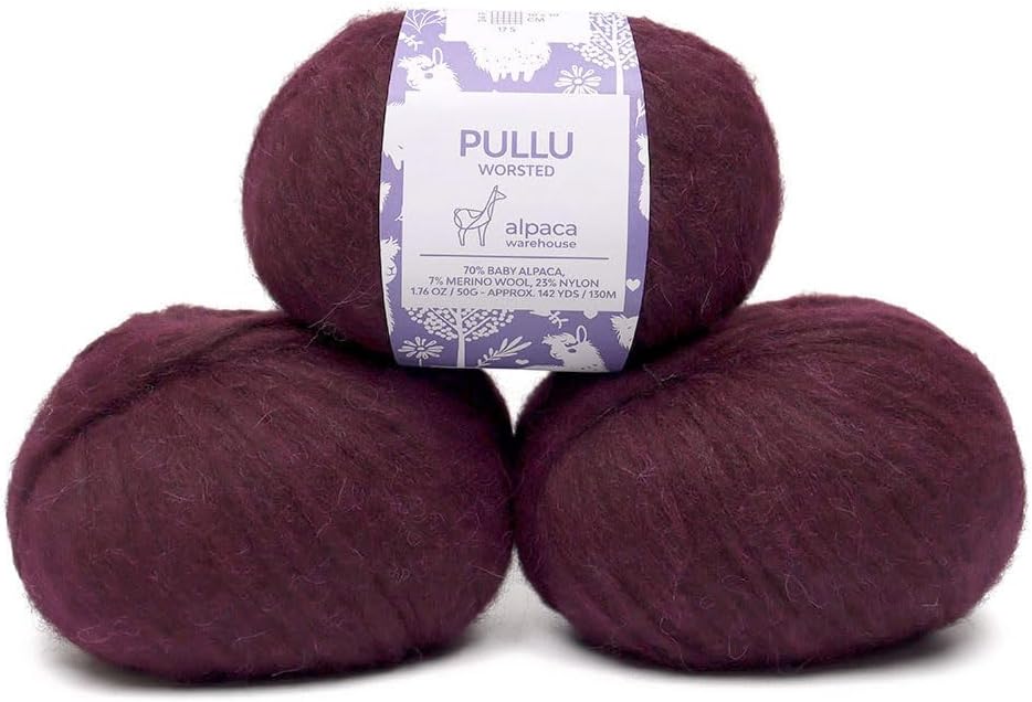 Pullu - Baby Alpaca Merino Wool Yarn Set of 3 Skeins (150 Grams) Worsted Weight - Sourced Directly from Peru - Heavenly Soft and Perfect for Knitting and Crocheting (Plum)