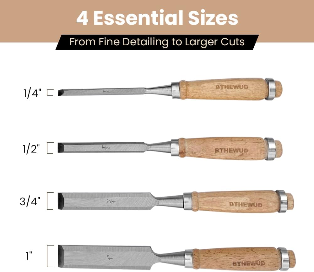 Wood Chisel Set – set of 4 Woodworking Chisels w/CR-V Steel Blades, Zipper Bag - Anti-Rust Coating Wood Chisels for Woodworking - Lightweight & Durable Carpenter Tools for Woodworking