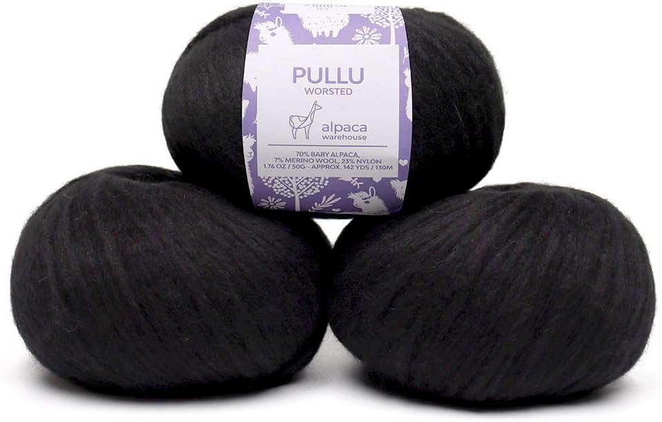 Pullu - Baby Alpaca Merino Wool Yarn Set of 3 Skeins (150 Grams) Worsted Weight - Sourced Directly from Peru - Heavenly Soft and Perfect for Knitting and Crocheting (Black)