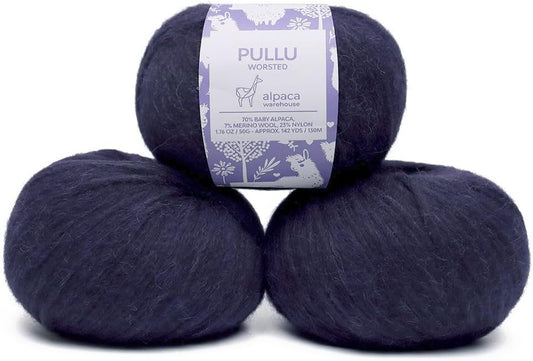 Pullu - Baby Alpaca Merino Wool Yarn Set of 3 Skeins (150 Grams) Worsted Weight - Sourced Directly from Peru - Heavenly Soft and Perfect for Knitting and Crocheting (Navy Blue)