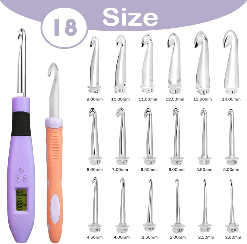 Yarniss 18 Size Counting Crochet Hooks Set with Light, Digital Crochet Hooks with Metal Head 2.0mm~14.0mm