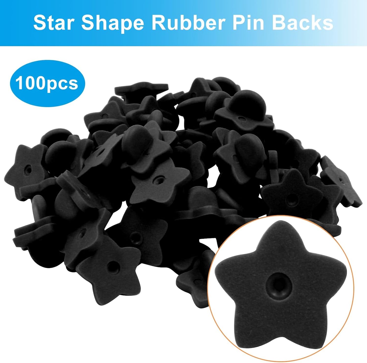 100 Pack Star Shape Rubber Pin Backs, Lapel Pin Backing Locking Pin Keepers, Brooch Holder for Uniform Badge Hat Tie（Black）