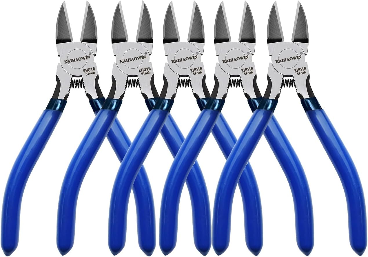 Wire Cutters 5", 5 Pack KAIHAOWIN Precision Flush Cutters Ultra Sharp Wire Cutters for Crafting Side Cutters Wire Snips Spring Loaded Dikes Wire Cutter for Jewelry Making, Blue with Black Handle