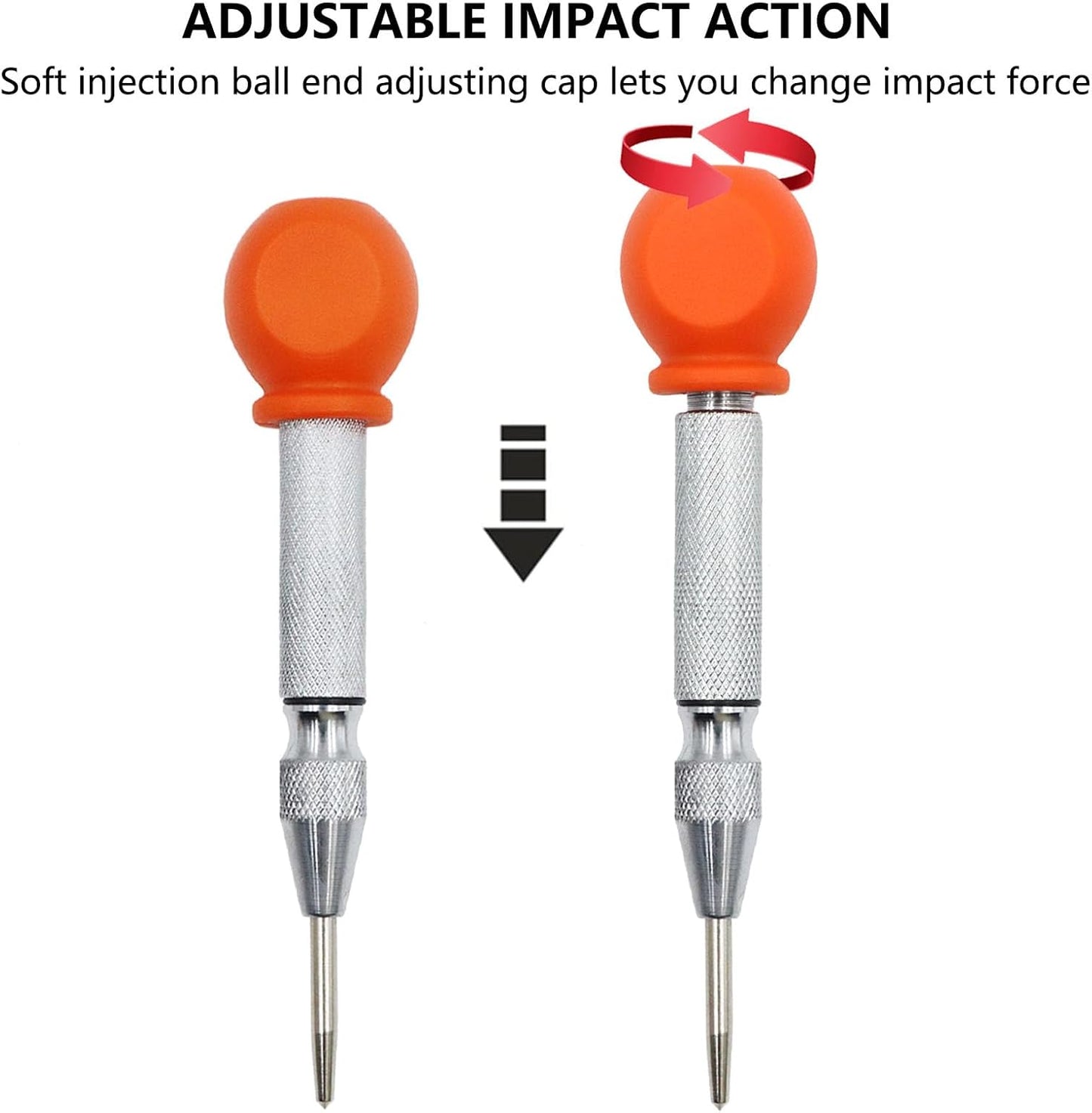 2-Pieces Automatic Center Punch, 5 Inch Adjustable Impact Hole Punch Metal Punch, Spring Loaded Center Punch Tool with Palm Cushion Cap for Wood Metal Leather