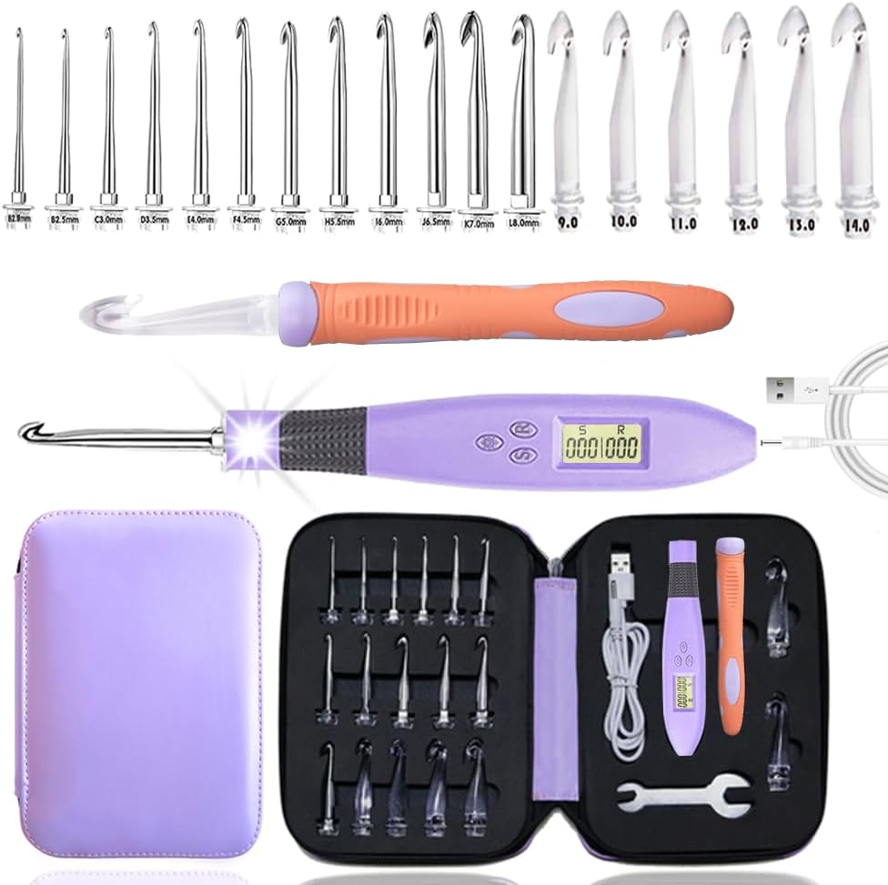 Yarniss 18 Size Counting Crochet Hooks Set with Light, Digital Crochet Hooks with Metal Head 2.0mm~14.0mm
