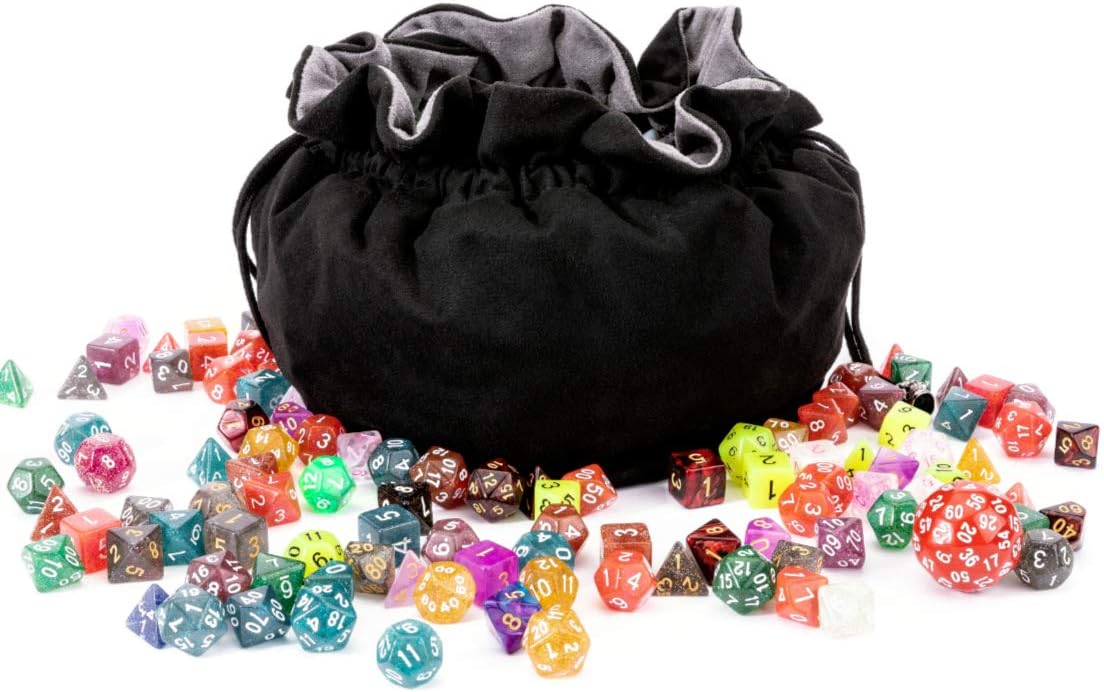 Large DND Dice Drawstring Bags with Pockets Black Storage Bag for RPG MTG Game Dices Capacity Over 300 Dice