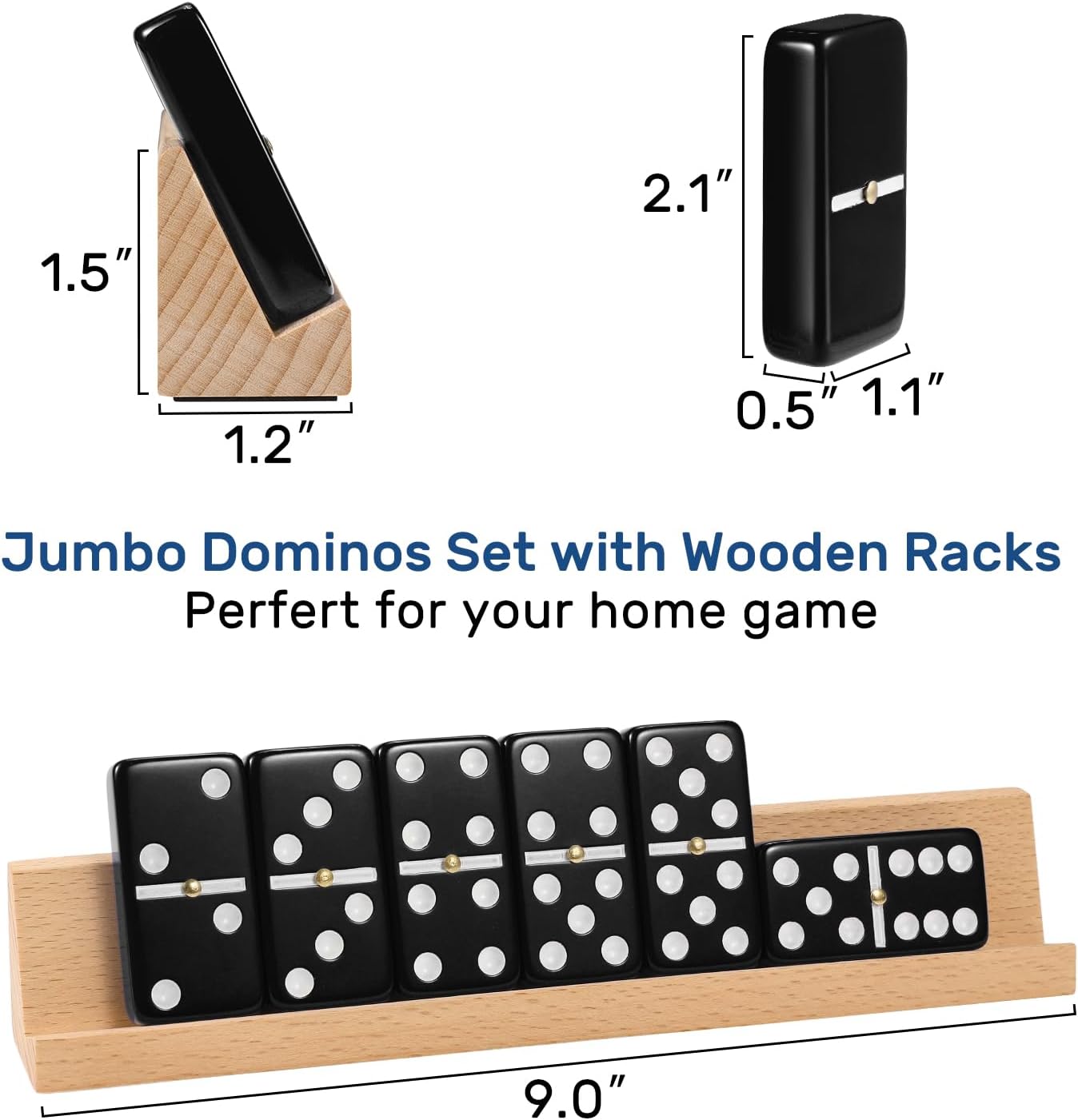 Dominoes Set for Adults with 4 Wooden Racks/Trays, Double Six Dominoes Travel Set with Portable Case Double 6 Dominoes Set with 4 Tiles Holders, 28 Tiles Dominos Set for Family Board Games - Black