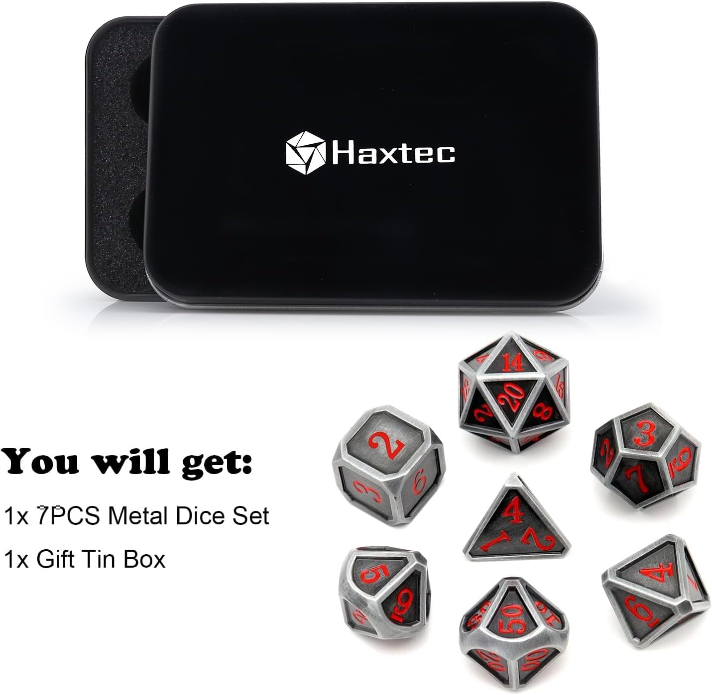 Haxtec Ancient Silver Metal DND Dice Set D&D 7PCS Large Rounded Antiue Iron RPG Dice Red Numbers for Dungeons and Dragons TTRPG Game Gifts',Standard size
