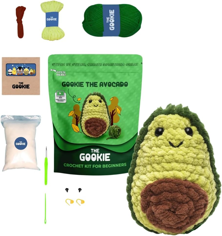 The Gookie Amigurumi Crochet Kit for Beginners – DIY Crochet Kit with Yarn, Hook, Eyes & Stuffing – Easy Starter Set with Video Tutorials – Cute Plush Toy Craft Gift for Kids, Teens & Adults (Avocado)