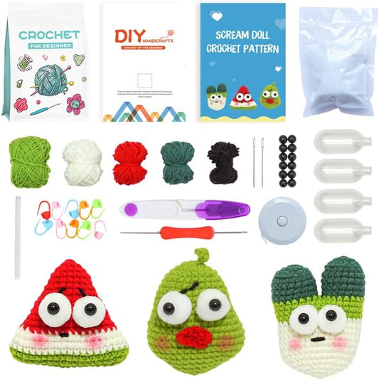 DetFinns Crochet Kit for Beginners, Squish Crochet Starter Kits with Step-by-Step Video Tutorials, DIY Craft Kits Amigurumi Knitting Supplies, Easy Knitting Kit Vegetable Friends (40%+ Yarn)